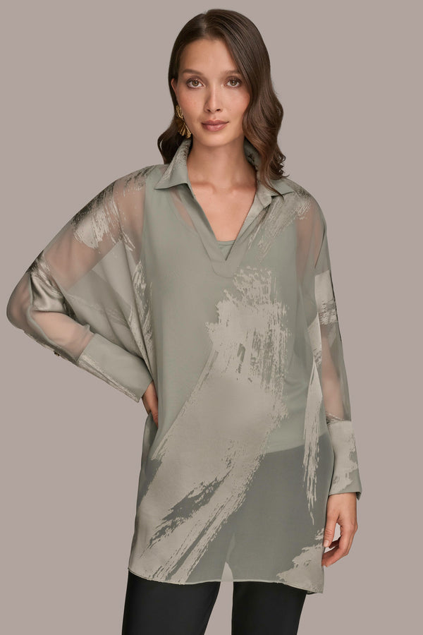 donna karan LONG SLEEVE BURNOUT TUNIC WEATHERED SAGE