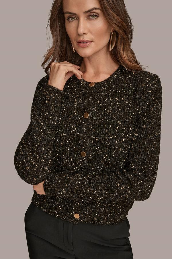 Donna Karan LONG SLEEVE BUTTON UP CARDIGAIN WITH POCKETS BLACK/GOLD