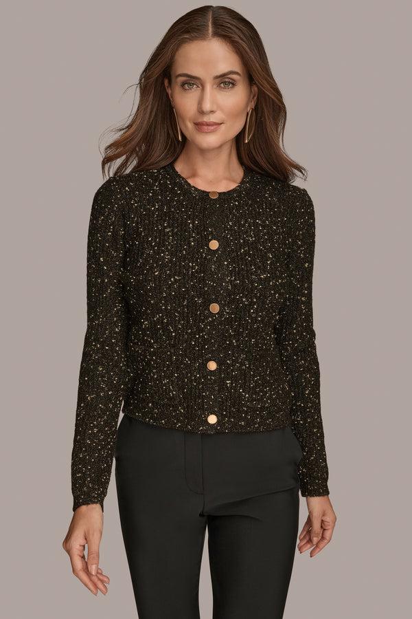 donna karan LONG SLEEVE BUTTON UP CARDIGAIN WITH POCKETS BLACK/GOLD
