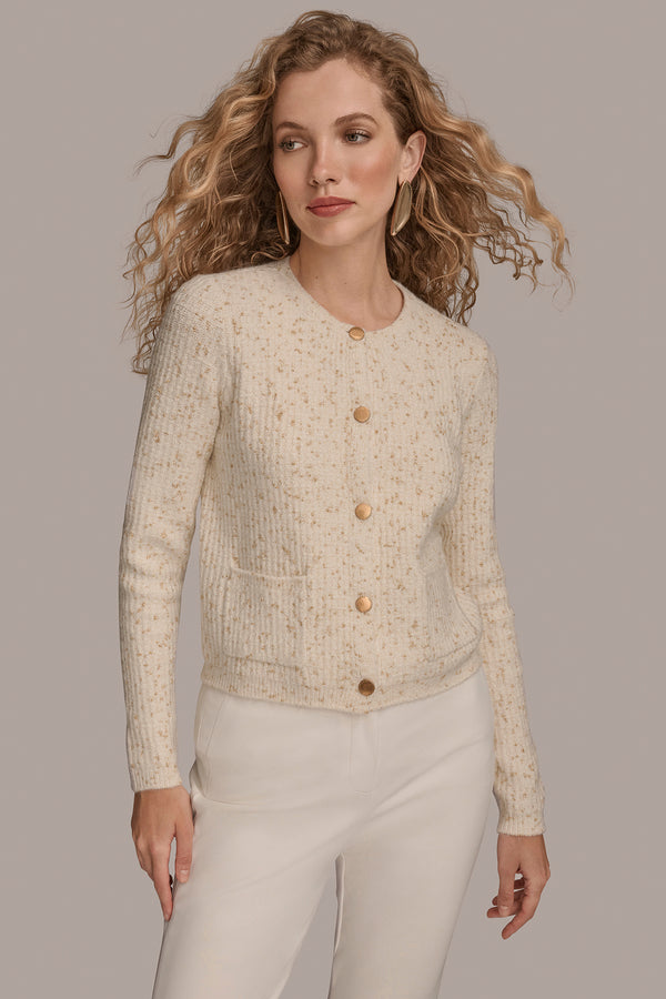 donna karan LONG SLEEVE BUTTON UP CARDIGAIN WITH POCKETS CREAM/GOLD