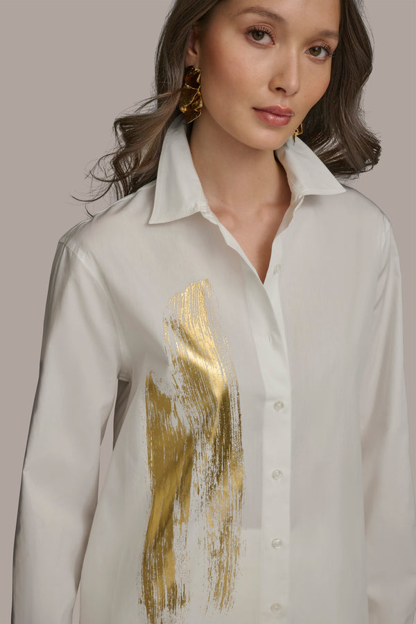 Donna Karan LONG SLEEVE TUNIC WITH BRUSHSTROKE PART CREAM/GOLD