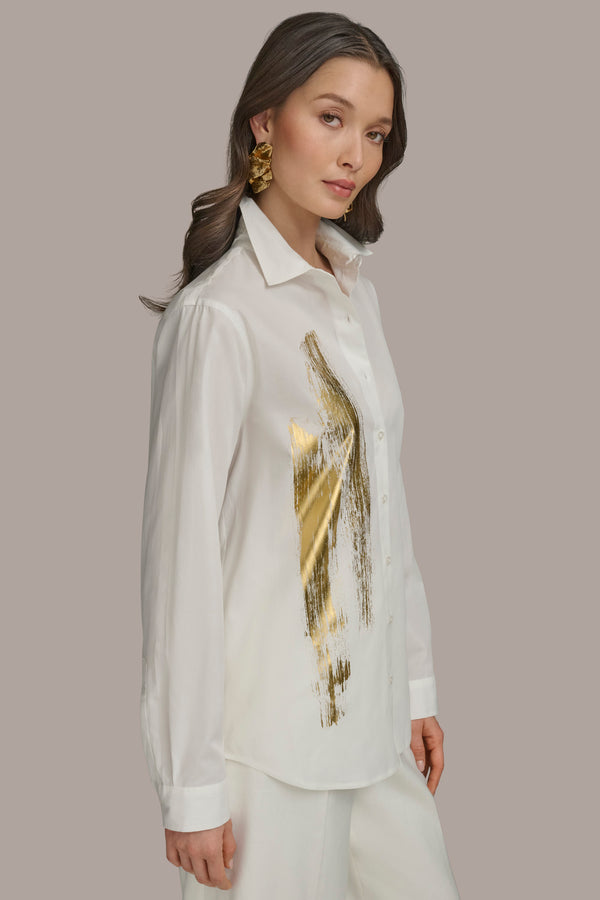 Donna Karan LONG SLEEVE TUNIC WITH BRUSHSTROKE PART CREAM/GOLD