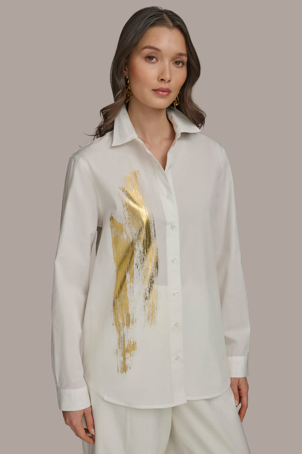 donna karan LONG SLEEVE TUNIC WITH BRUSHSTROKE PART CREAM/GOLD