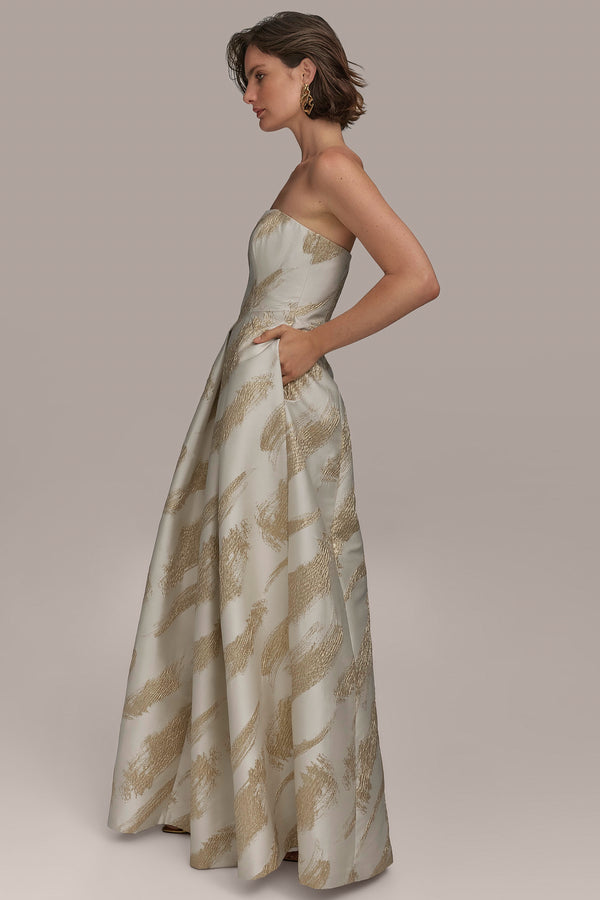 Donna Karan METALLIC JACQUARD BRUSH STROKE BALL GOWN CREAM/GOLD