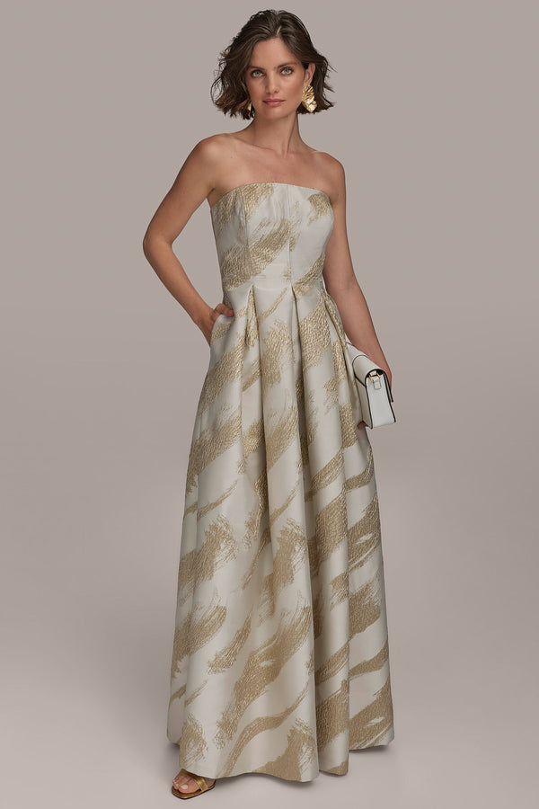 donna karan METALLIC JACQUARD BRUSH STROKE BALL GOWN CREAM/GOLD