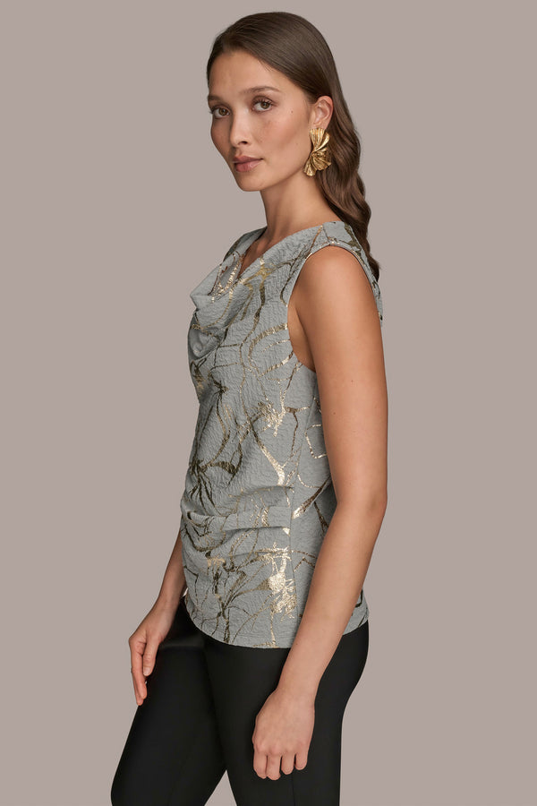 Donna Karan METALLIC MARBLED DRAPED BLOUSE WEATHERD SAGE/GOLD