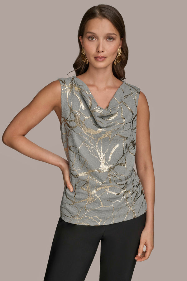 donna karan METALLIC MARBLED DRAPED BLOUSE WEATHERD SAGE/GOLD