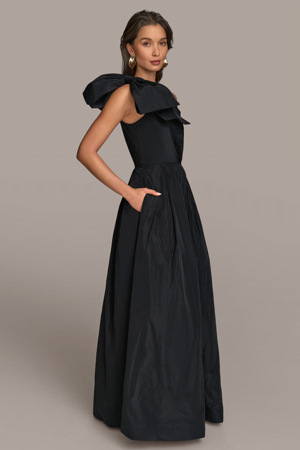 Donna Karan ONE-SHOULDER BOW-EMBELLISHED BALL GOWN Black
