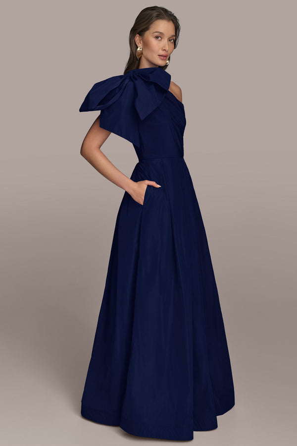 Donna Karan ONE-SHOULDER BOW-EMBELLISHED BALL GOWN Navy