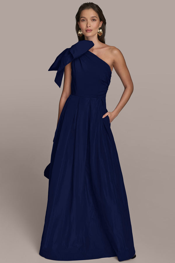 Donna Karan ONE-SHOULDER BOW-EMBELLISHED BALL GOWN Navy