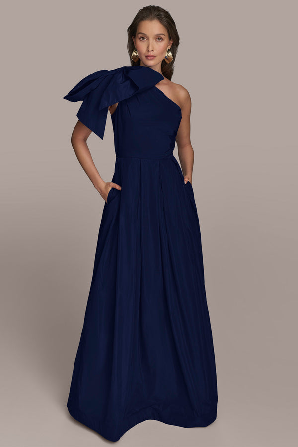 donna karan ONE-SHOULDER BOW-EMBELLISHED BALL GOWN Navy
