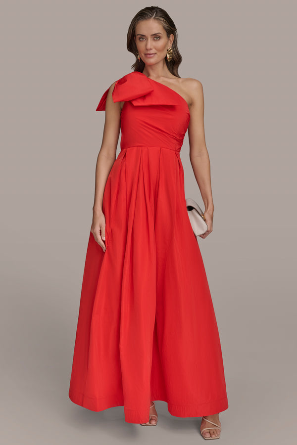 Donna Karan ONE-SHOULDER BOW-EMBELLISHED BALL GOWN Sahara Red