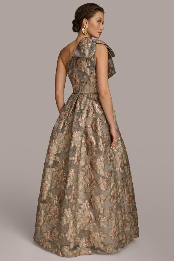 Donna Karan ONE SHOULDER BOW FLORAL BALL GOWN Snow Petal Multi