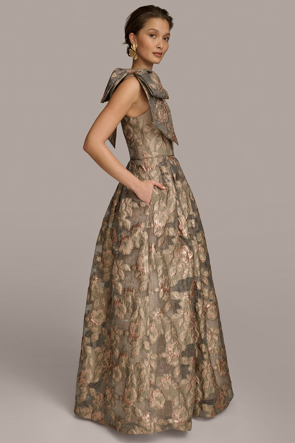 Donna Karan ONE SHOULDER BOW FLORAL BALL GOWN Snow Petal Multi