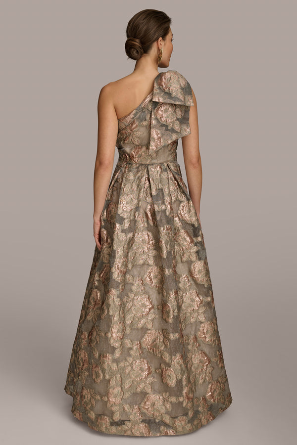 Donna Karan ONE SHOULDER BOW FLORAL BALL GOWN Snow Petal Multi