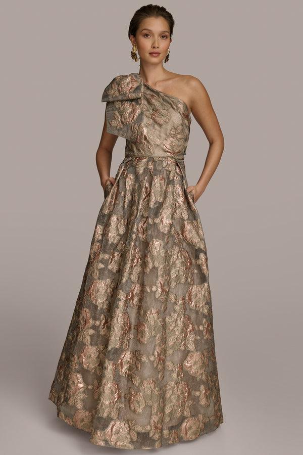 donna karan ONE SHOULDER BOW FLORAL BALL GOWN Snow Petal Multi