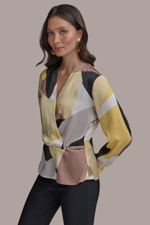 Donna Karan PART LONG SLEEVE FAUX WRAP WITH HARDWARE PANNA COTTA MULTI