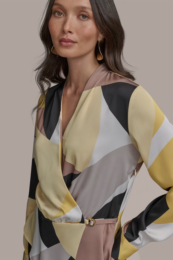 Donna Karan PART LONG SLEEVE FAUX WRAP WITH HARDWARE PANNA COTTA MULTI