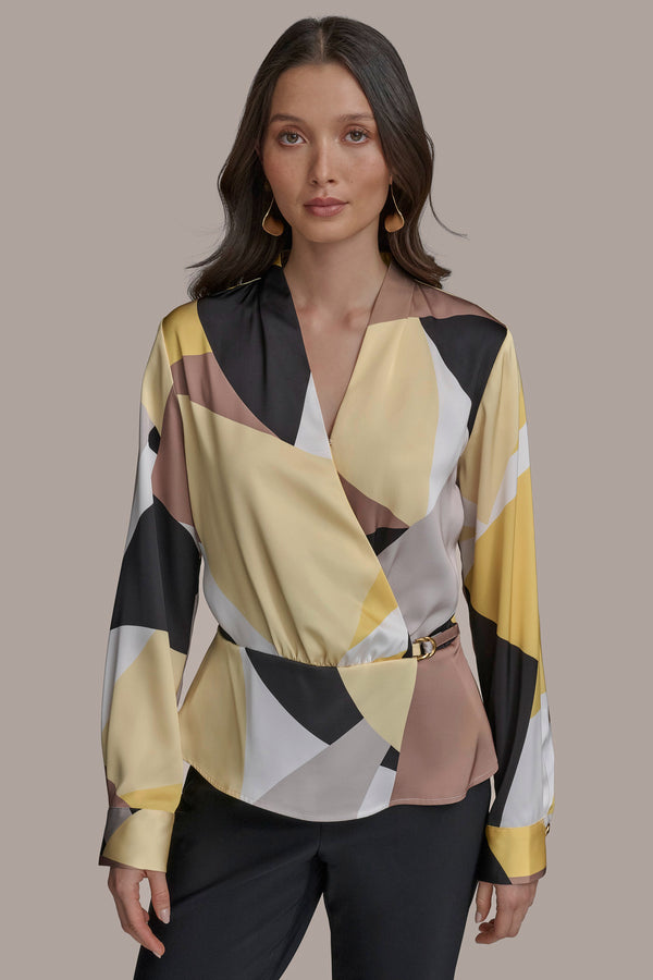 donna karan PART LONG SLEEVE FAUX WRAP WITH HARDWARE PANNA COTTA MULTI