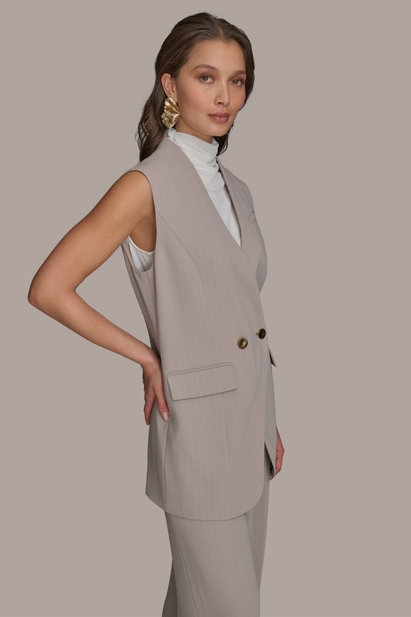 Donna Karan PINSTRIPE DOUBLE BREASTED VEST Cobblestone/Cream Stripe
