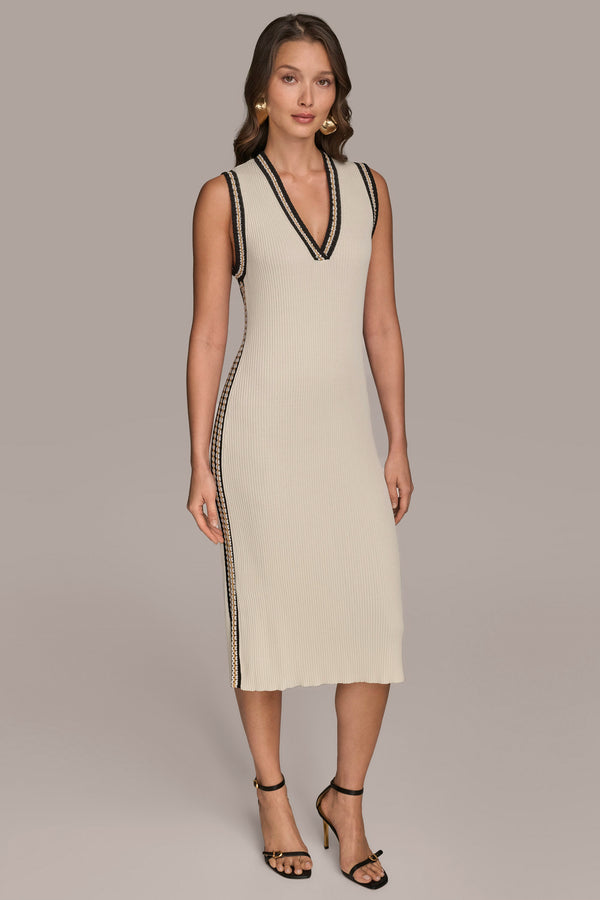 Donna Karan PIPED SHEATH DRESS WITH CARDIGAN Cream/Beach Sand