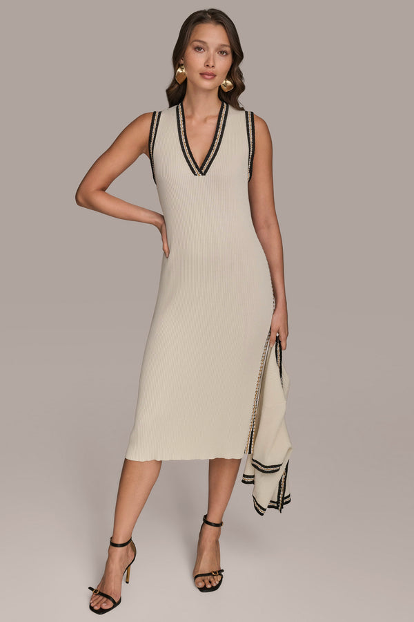 Donna Karan PIPED SHEATH DRESS WITH CARDIGAN Cream/Beach Sand