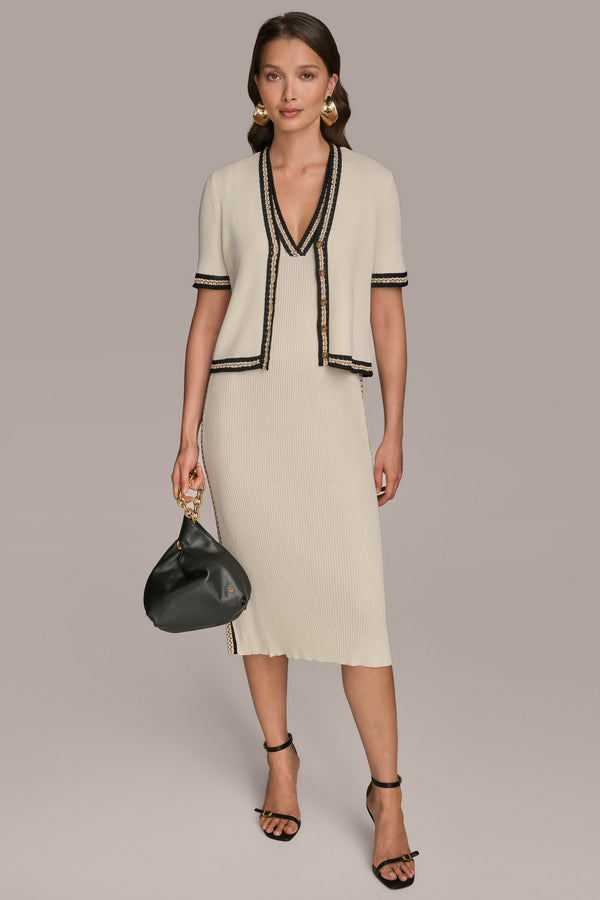 donna karan PIPED SHEATH DRESS WITH CARDIGAN Cream/Beach Sand