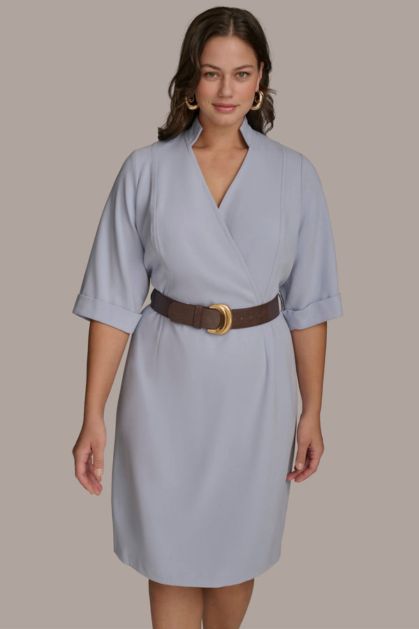 Donna Karan PLUS SIZE VNECK BELTED SHEATH DRESS Glacial Blue