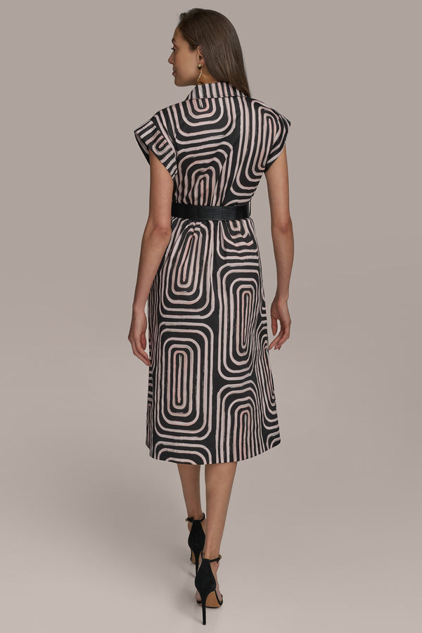 Donna Karan PRINT CAP SLEEVE BELTED DRESS BLACK/PEACH
