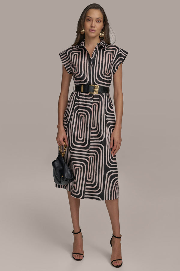 Donna Karan PRINT CAP SLEEVE BELTED DRESS BLACK/PEACH
