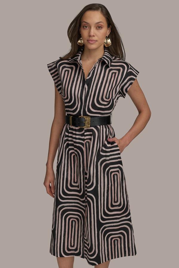 Donna Karan PRINT CAP SLEEVE BELTED DRESS BLACK/PEACH