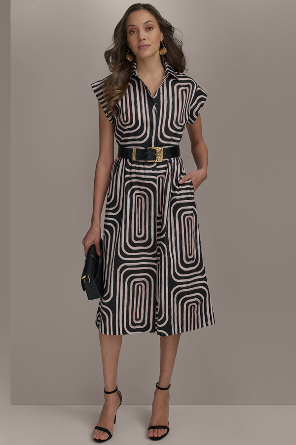 donna karan PRINT CAP SLEEVE BELTED DRESS BLACK/PEACH