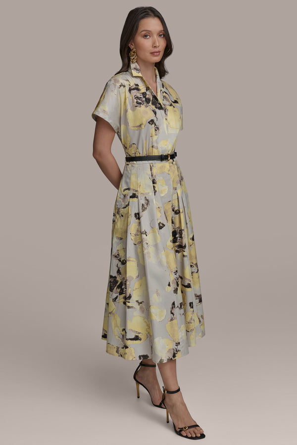 Donna Karan PRINTED BELTED SHIRT DRESS Limoncello Multi