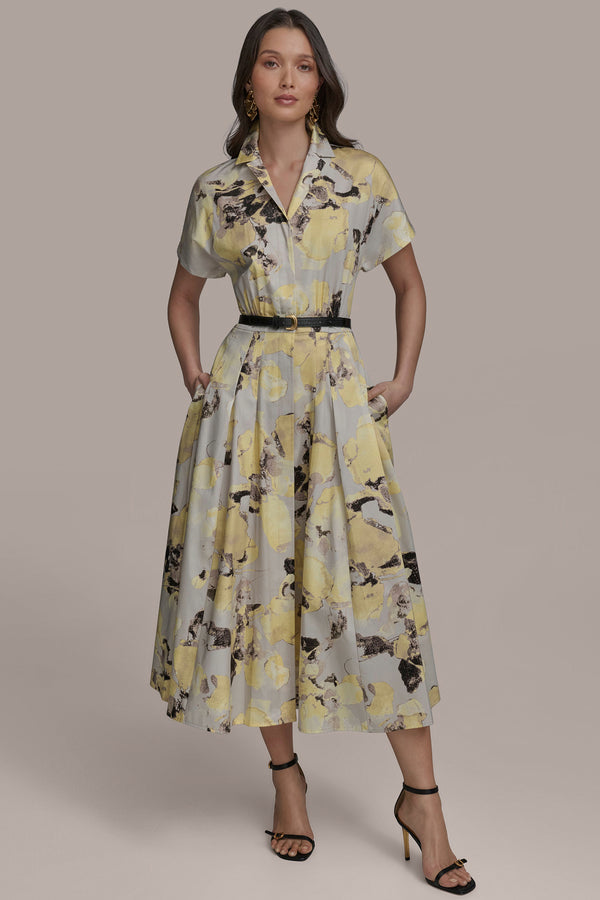 Donna Karan PRINTED BELTED SHIRT DRESS Limoncello Multi