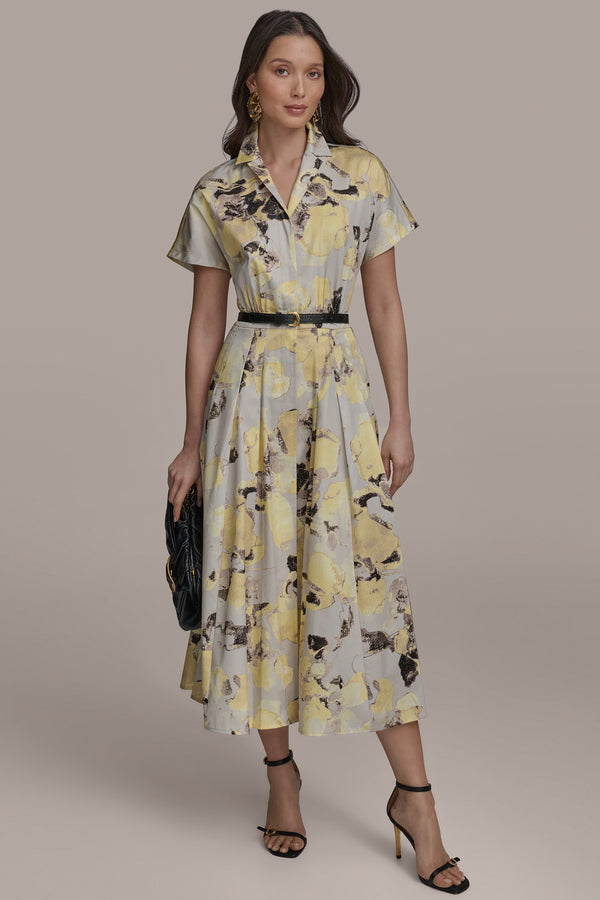donna karan PRINTED BELTED SHIRT DRESS Limoncello Multi