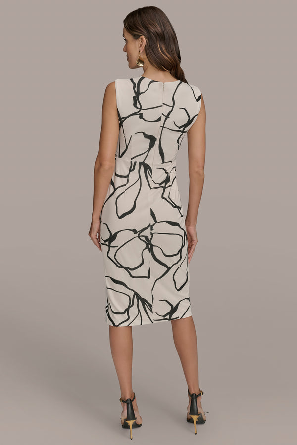Donna Karan PRINTED GATHERED SHEATH DRESS Light Canvas/Black