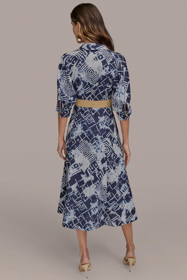 Donna Karan PRINTED LINEN-BLEND MIDI SHIRT DRESS Ink Multi