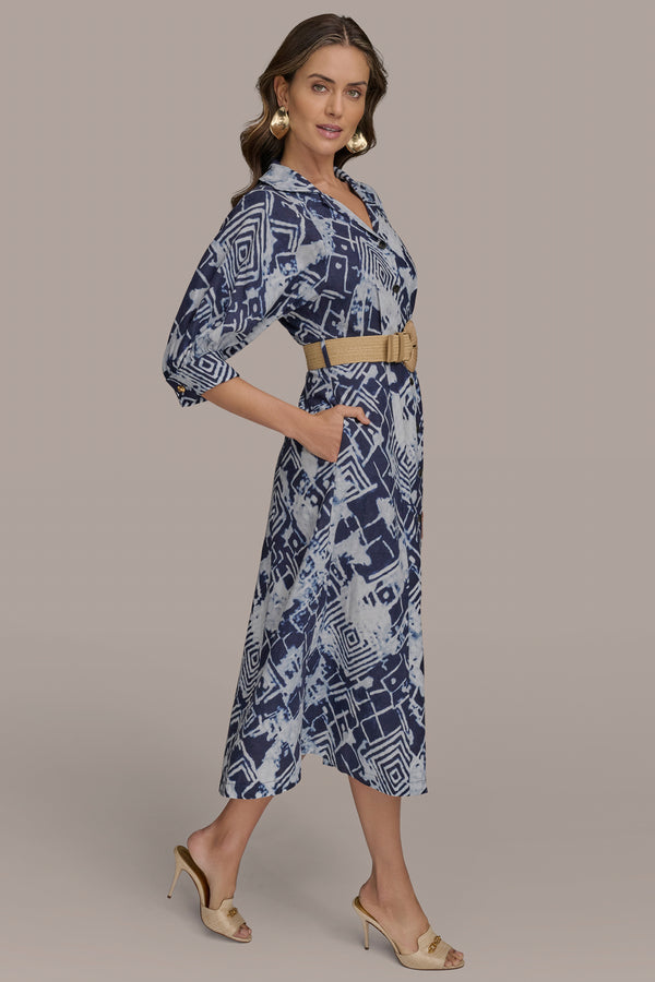 Donna Karan PRINTED LINEN-BLEND MIDI SHIRT DRESS Ink Multi