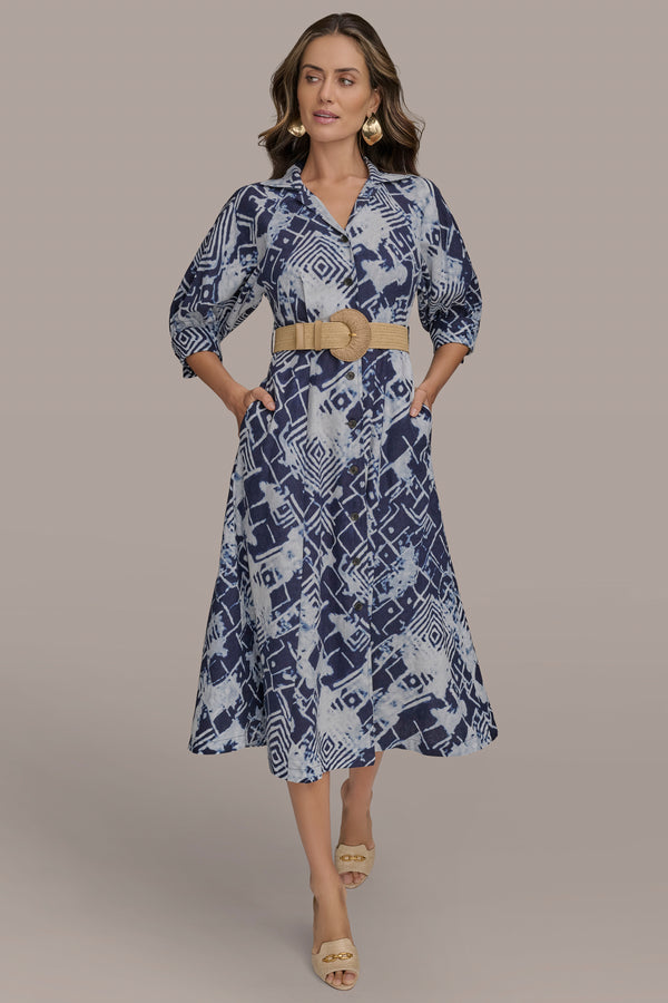 Donna Karan PRINTED LINEN-BLEND MIDI SHIRT DRESS Ink Multi