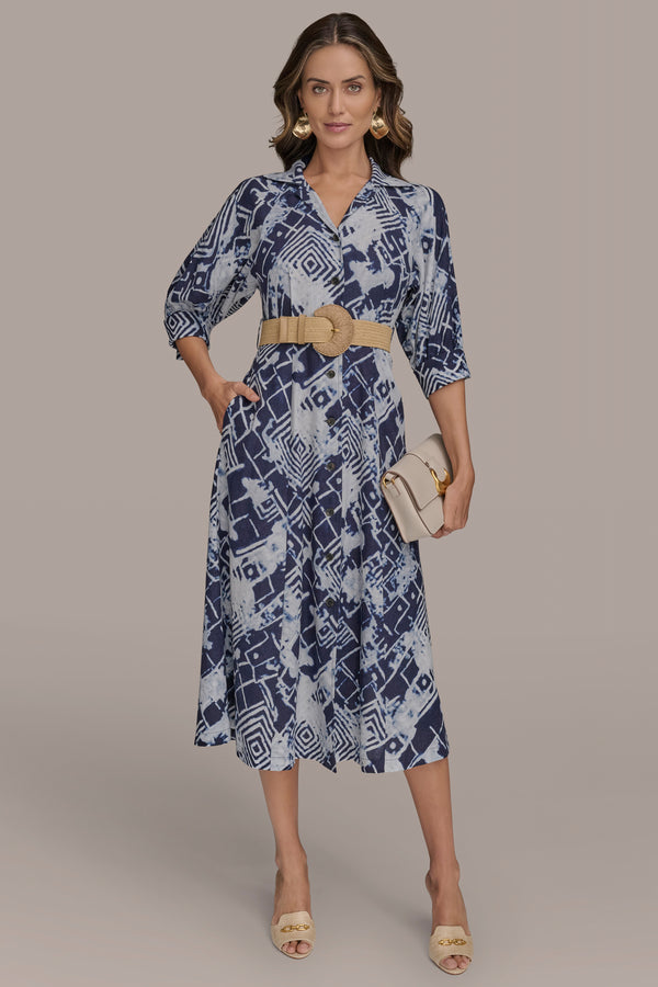 donna karan PRINTED LINEN-BLEND MIDI SHIRT DRESS Ink Multi
