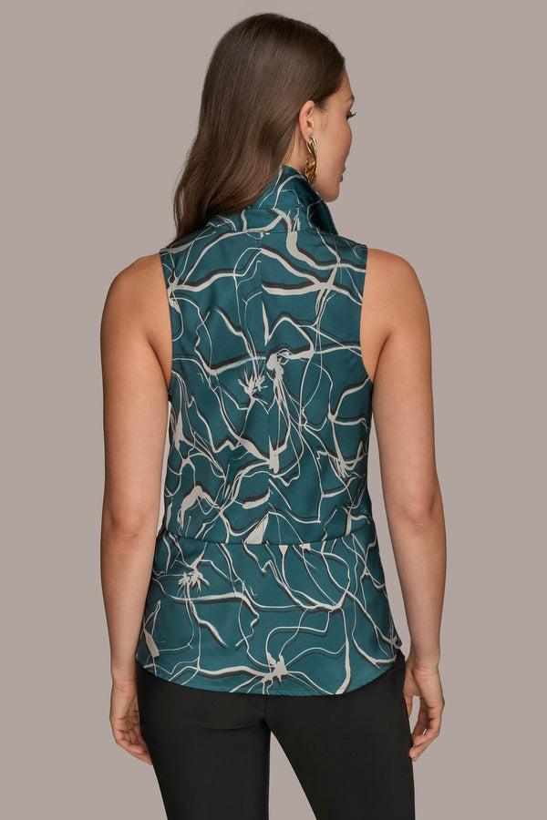 Donna Karan PRINTED SLEEVELESS FAUX WRAP TOP WITH HARDWARE HUDSON MULTI