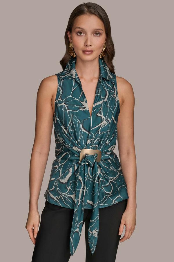 donna karan PRINTED SLEEVELESS FAUX WRAP TOP WITH HARDWARE HUDSON MULTI
