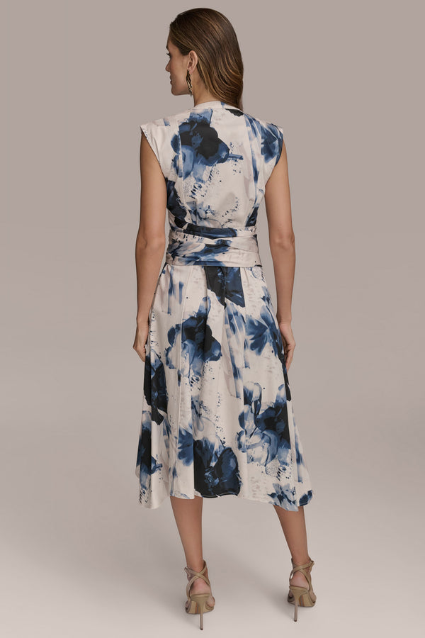 Donna Karan PRINTED TIE-FRONT MIDI SHIRT DRESS Cream Multi