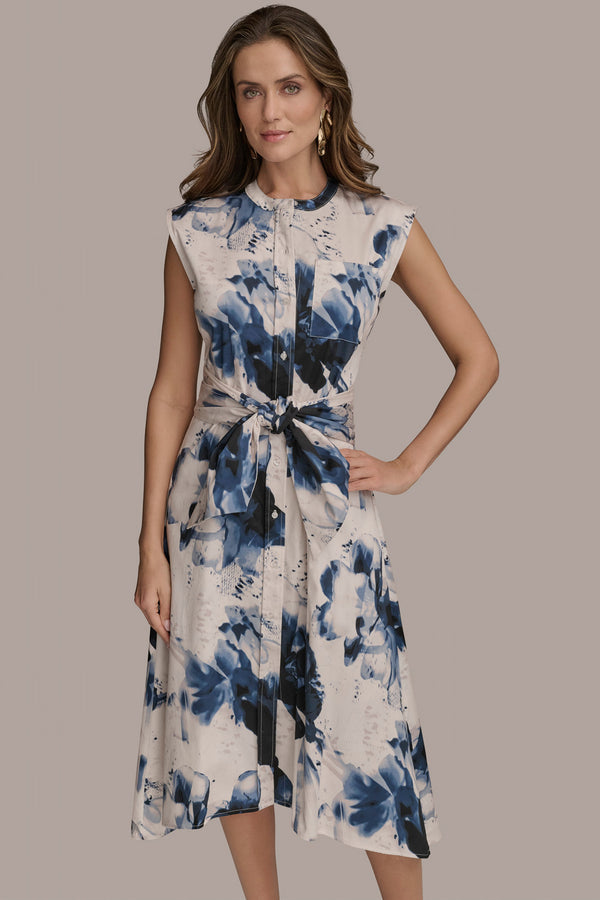 Donna Karan PRINTED TIE-FRONT MIDI SHIRT DRESS Cream Multi