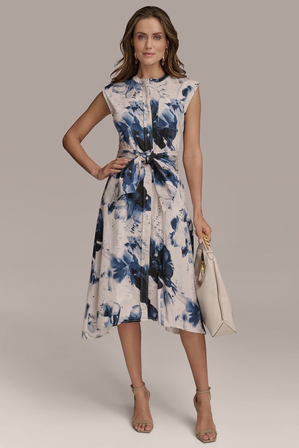 donna karan PRINTED TIE-FRONT MIDI SHIRT DRESS Cream Multi