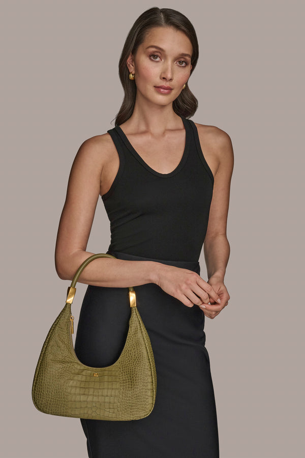 Donna Karan QUOGUE CROC-EFFECT HOBO SHOULDER BAG Smoky Olive
