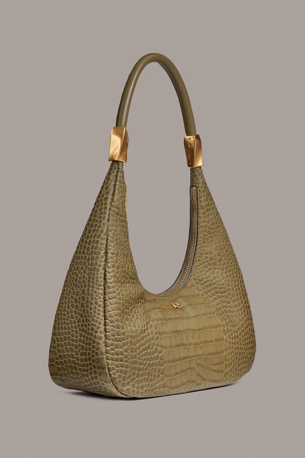 Donna Karan QUOGUE CROC-EFFECT HOBO SHOULDER BAG Smoky Olive