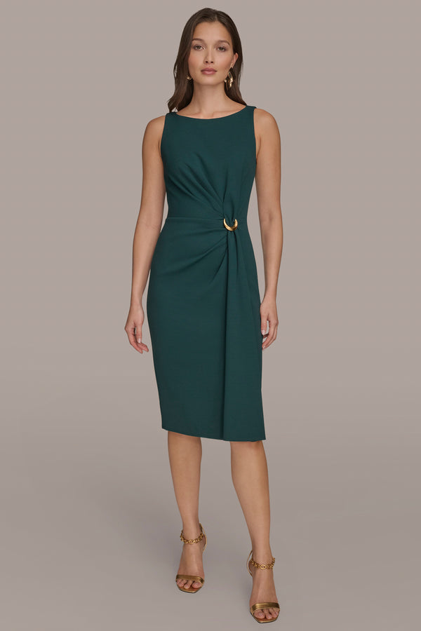 donna karan RING-EMBELLISHED GATHERED SHEATH DRESS HUDSON