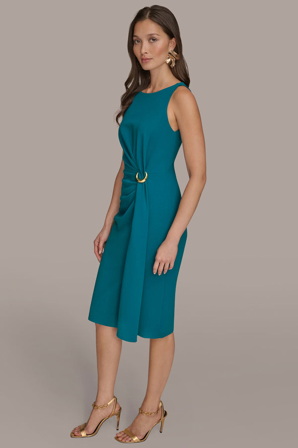Donna Karan RING-EMBELLISHED GATHERED SHEATH DRESS MIDNIGHT GREEN