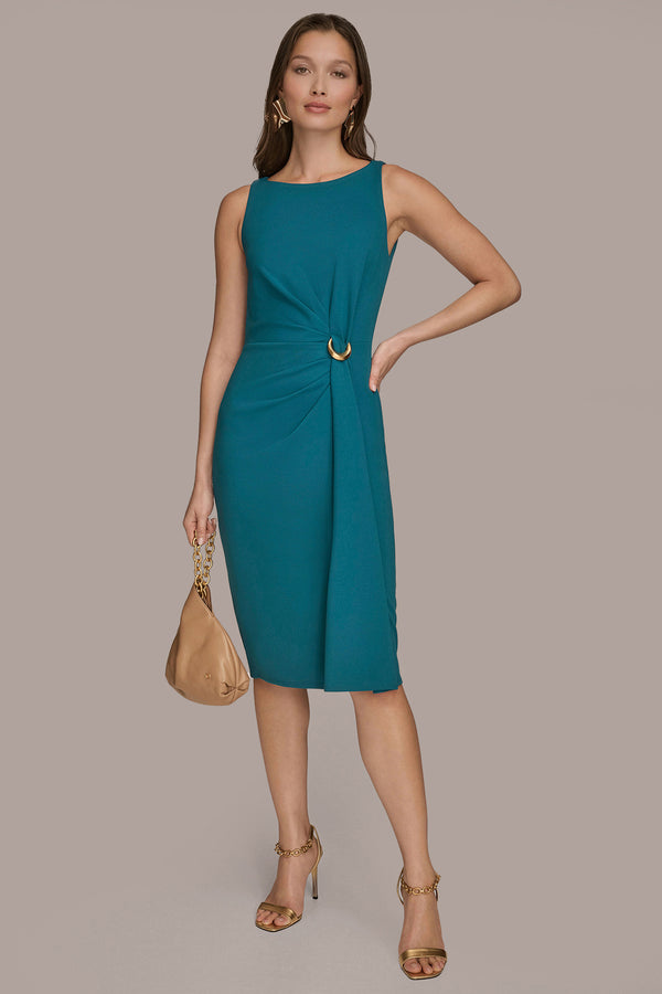 donna karan RING-EMBELLISHED GATHERED SHEATH DRESS MIDNIGHT GREEN